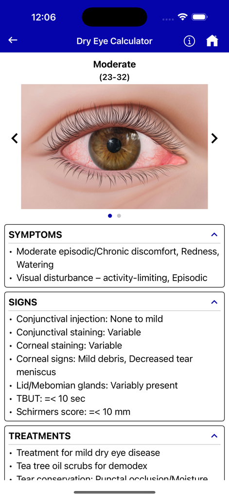 Eye Handbook - Dry Eye Calculator screen in the Eye Handbook app detailing symptoms and signs for moderate dry eye disease.