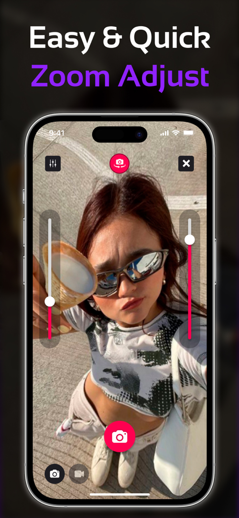 Camera 0.5 - Zoom 0.5x - Smartphone screen showing the Camera 0.5 app interface with easy zoom sliders and a wide angle selfie