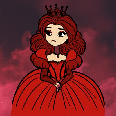 a women with a big crown in a huge dress, with a serious look on her face