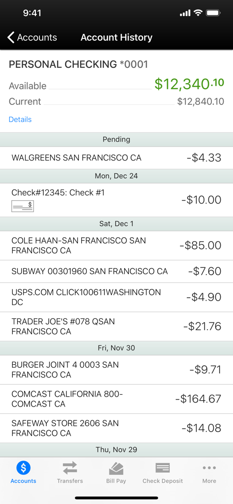 Valley Mobile Banking - Valley Mobile Banking app account history screen displaying checking account balance and transaction history