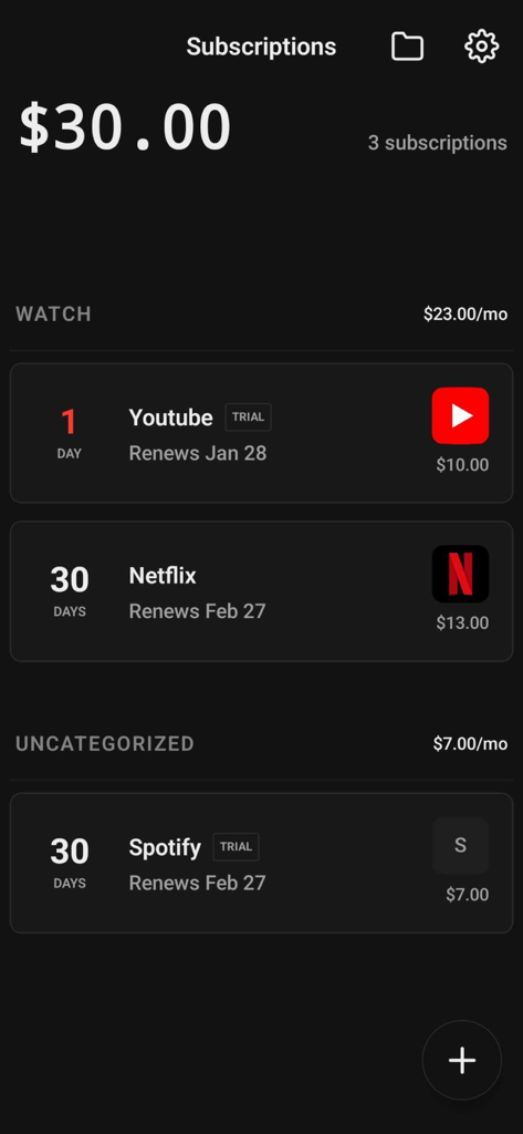 Simple Subscriptions Tracker - A dark mode dashboard of the Simple Subscriptions Tracker app showing monthly expenses and renewal dates for services like Netflix and YouTube