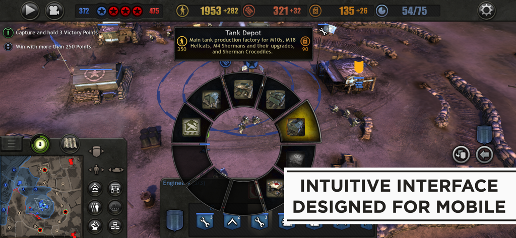 Company of Heroes - Gameplay screenshot of Company of Heroes showing the intuitive command wheel interface and tactical map designed for mobile.