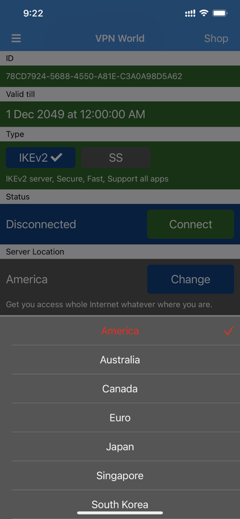 VPN Connect World-Fast Secure - VPN Connect Worldのモバイルアプリインターフェース。グローバルサーバーロケーションと接続プロトコルオプションのリストが表示されています。