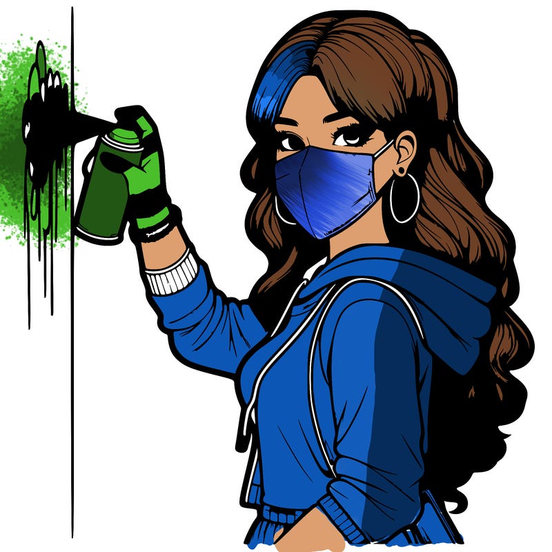 realistic girl with mask spray painting a wall