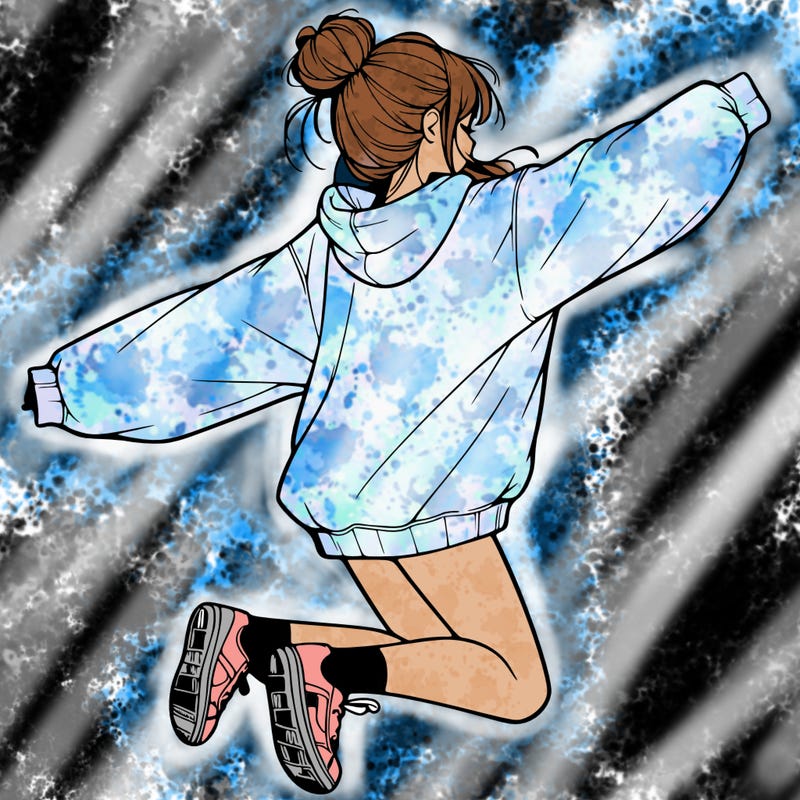 realistic girl jumping with a bun and oversized sweatshirt