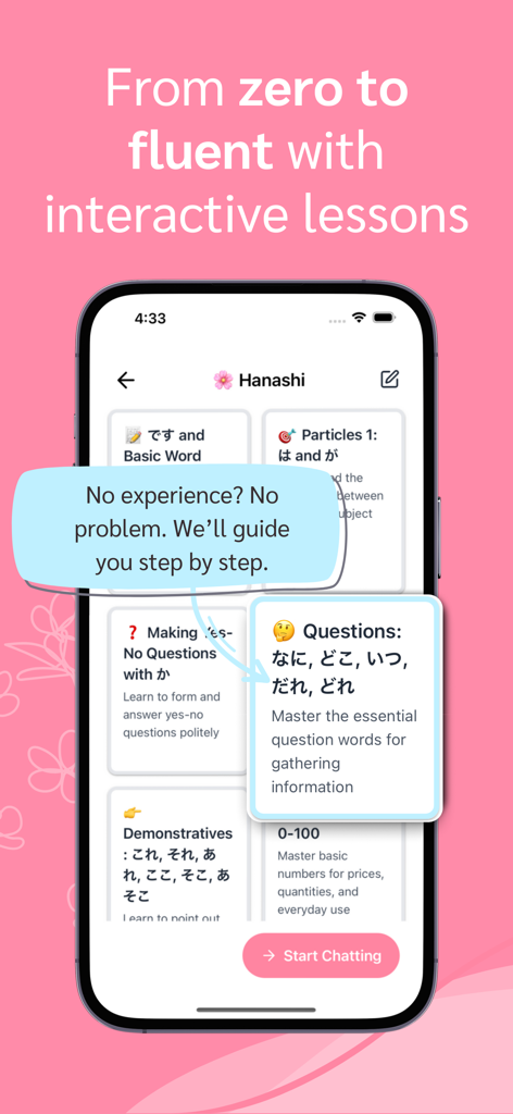 Hanashi - Speak Japanese - Screenshot of Hanashi app interface showing interactive Japanese lessons for beginners.