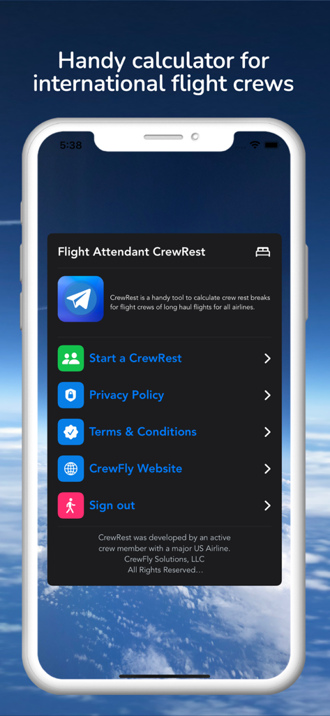 Inflight CrewRest - The home screen menu of the Inflight CrewRest app on an iPhone showing a button to start a crew rest calculation.