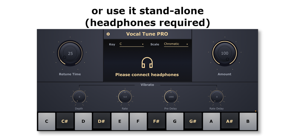Vocal Tune PRO app interface in standalone mode with pitch correction and vibrato controls.