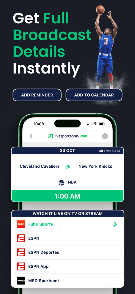 Livesportsontv.com: TV Guide - Detalles de transmisión de la NBA para el partido de Cleveland Cavaliers contra New York Knicks listando canales de streaming y TV