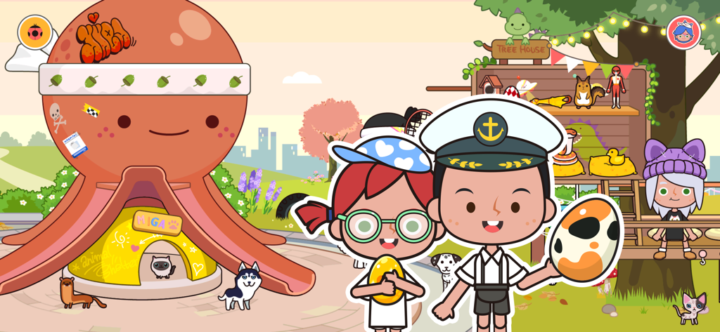 Miga Town: My Pets - Duas crianças personagens segurando ovos de animais de estimação em frente a um abrigo de animais em forma de polvo em Miga Town My Pets