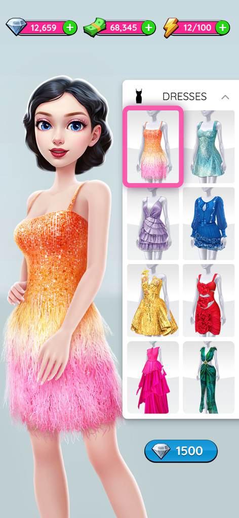 Character wearing an orange and pink ombre dress in the Super Stylist fashion menu