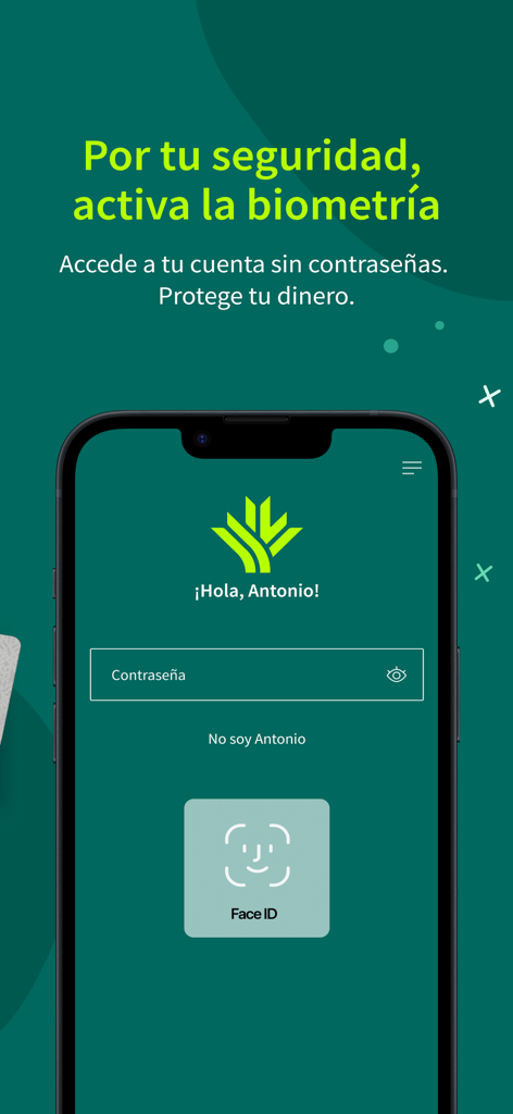 Pantalla de inicio de sesión de la aplicación de banca móvil Ruralvia con activación de seguridad biométrica Face ID