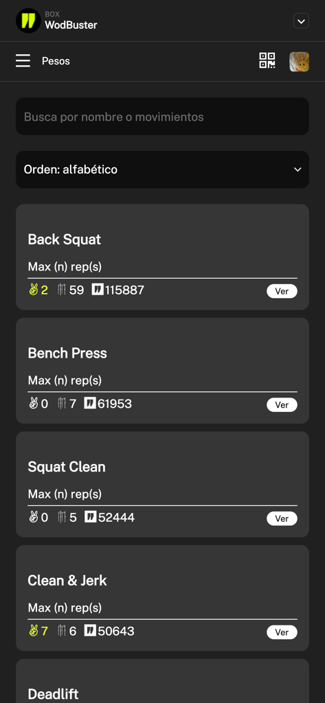WodBuster - WodBuster app interface showing a list of strength exercises like back squat and bench press with user progress