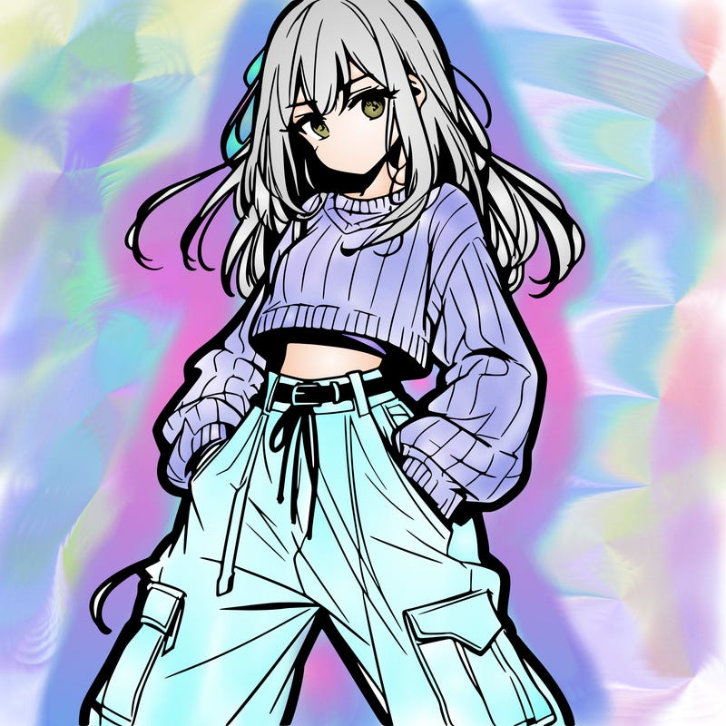 anime teen girl with baggy pants and crop top with sweater