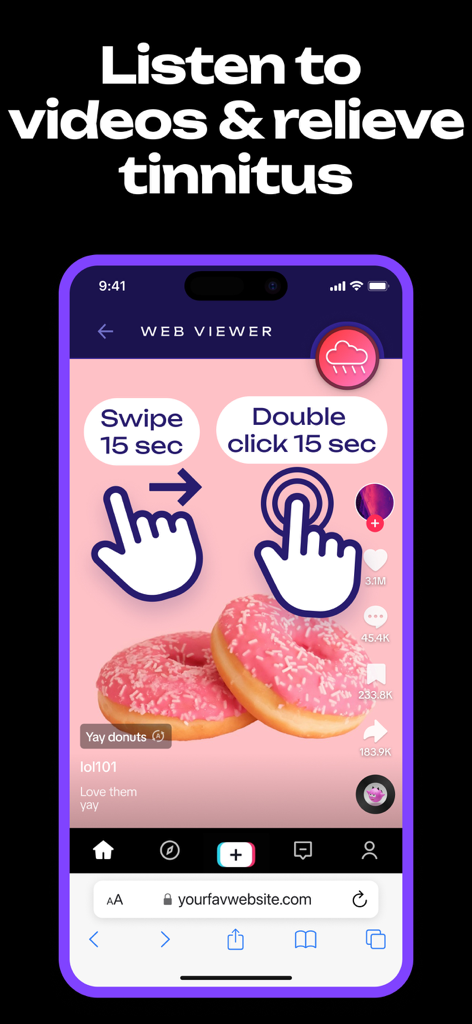 AutoClicker app interface showing automated swipe and click controls on a video website for tinnitus relief.