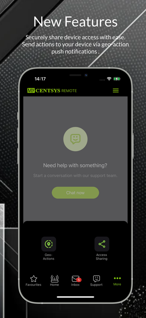 MyCentsys Remote - Screenshot of the MyCentsys Remote app highlighting new features like technical support chat and geo-actions
