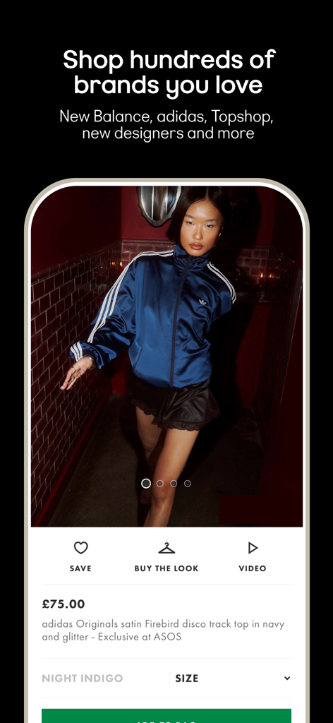 ASOS - Discover Fashion Online - ASOS mobile app product page featuring an adidas Originals satin track top.