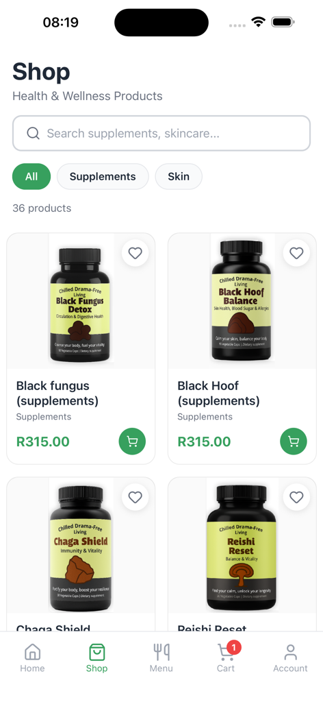Chilled - Chilled app shop page featuring premium mushroom supplements for health and wellness.