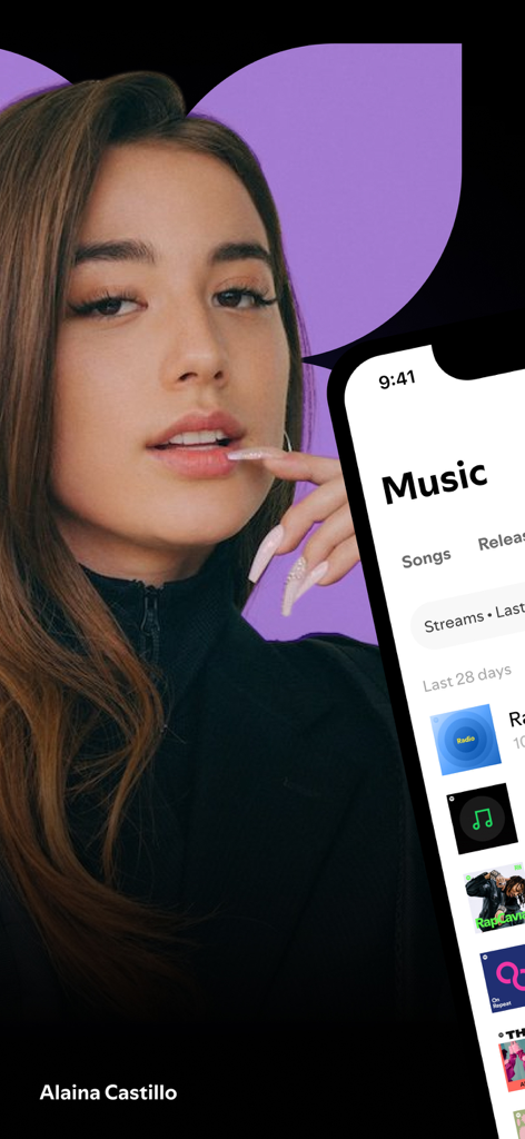 App Spotify for Artists che mostra statistiche musicali e un profilo artista per Alaina Castillo