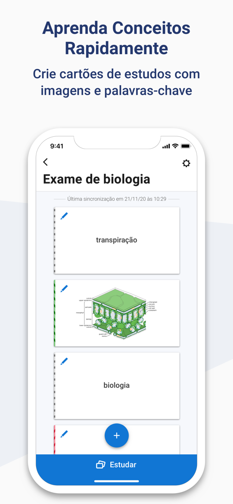 Mobile Benutzeroberfläche, die die Lernkartenfunktion in der Minha Biblioteca App für eine Biologieprüfung zeigt
