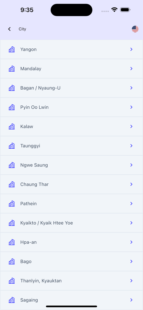 Visit 77 : Travel Platform - A list of cities in Myanmar on the Visit 77 travel app city selection screen