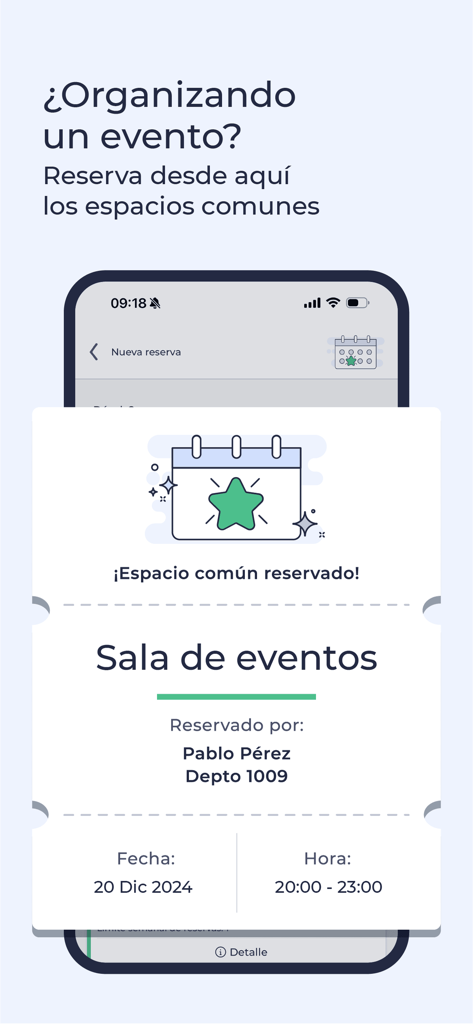 Pantalla de la app ComunidadFeliz mostrando un ticket de reserva exitosa para un salón de eventos.