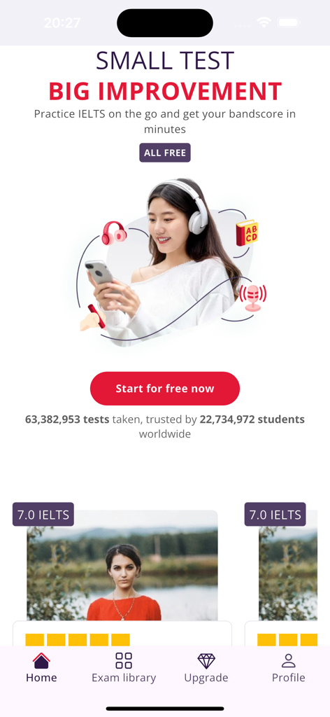 Mini IELTS - Mini IELTS app home screen featuring bite-sized practice tests for English proficiency.