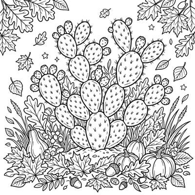 Celebrate the unique beauty of the desert meeting fall with this Prickly Pear Cactus coloring page. Discover a delightful scene filled with autumn leaves, plump pumpkins, and the iconic cactus pads, perfect for a cozy coloring session.