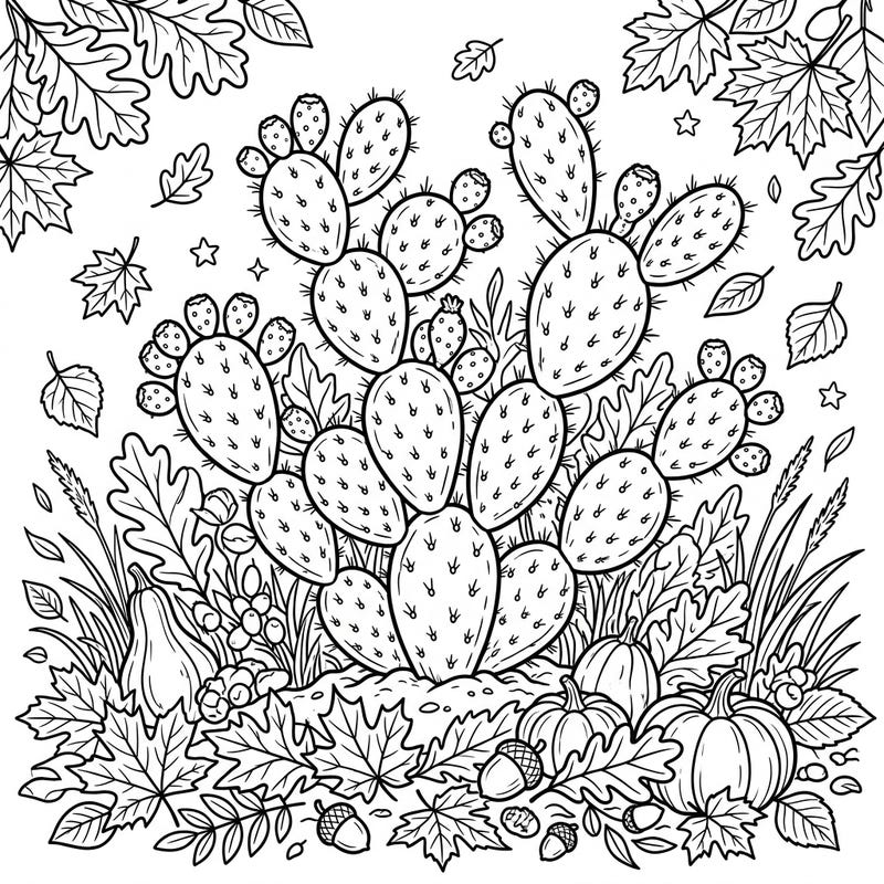 Celebrate the unique beauty of the desert meeting fall with this Prickly Pear Cactus coloring page. Discover a delightful scene filled with autumn leaves, plump pumpkins, and the iconic cactus pads, perfect for a cozy coloring session.