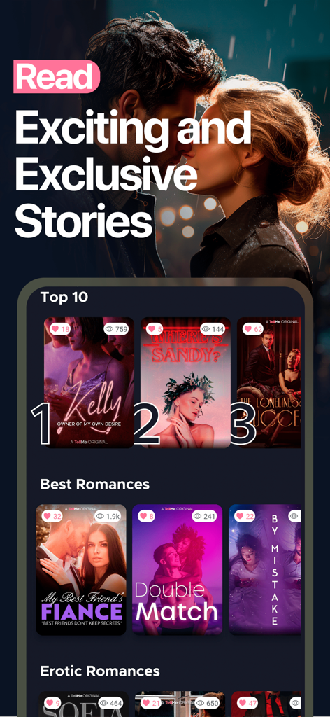 Interactive Stories - TellMe - La biblioteca de la aplicación TellMe mostrando populares historias de chat interactivas románticas y exclusivas.