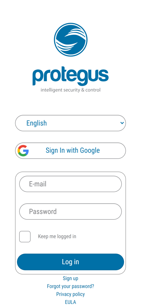 Protegus Smart Security - Protegus Smart Security mobile app login interface with email and social sign-in options.