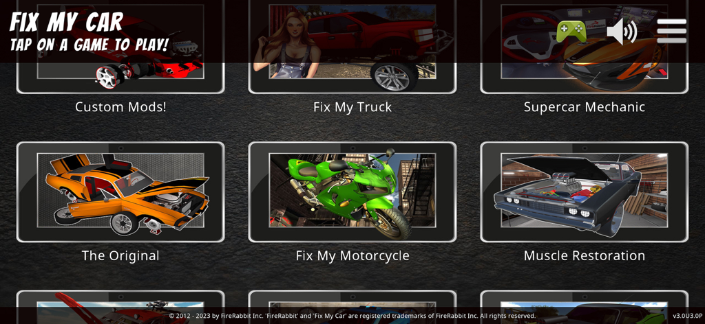 Fix My Car: Premium - A game selection screen in the Fix My Car Premium app showing various vehicle repair stories like Custom Mods, Supercar Mechanic, and Muscle Restoration.