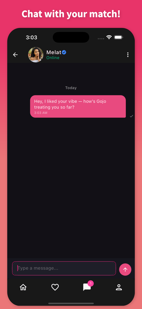 Gojo Ethiopian Dating App - Gojo Ethiopian dating app chat interface showing a private message sent to a verified female match