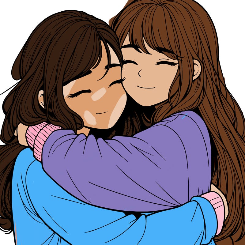 realistic two girls hugging