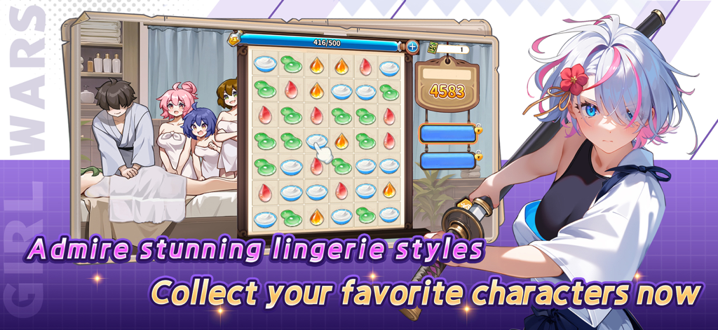 Girl Wars - Girl Wars gameplay screenshot showing an anime girl with a sword and a match-three puzzle mini-game.