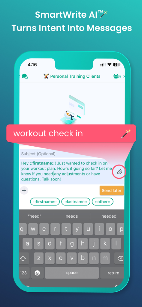 Hit Em Up app interface showing SmartWrite AI generating a personalized workout check in message for a group of clients