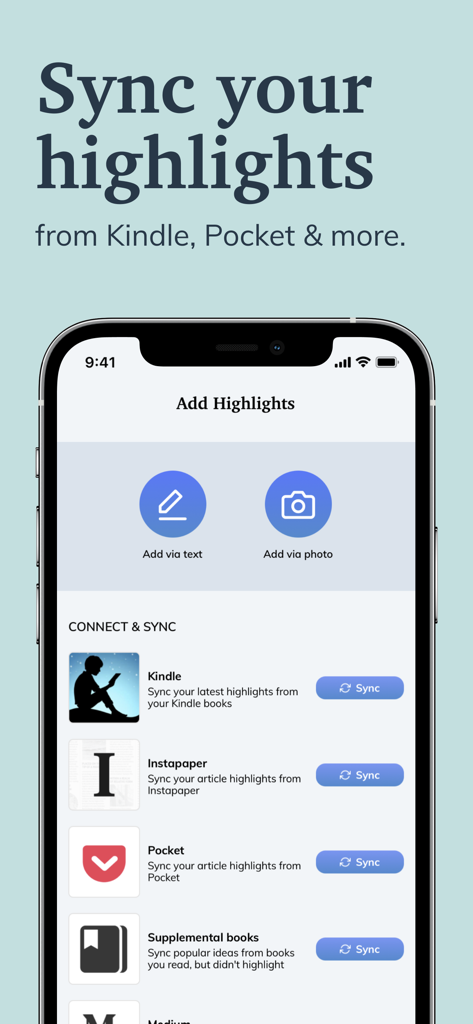 Readwise app interface for syncing reading highlights from Kindle Pocket and Instapaper