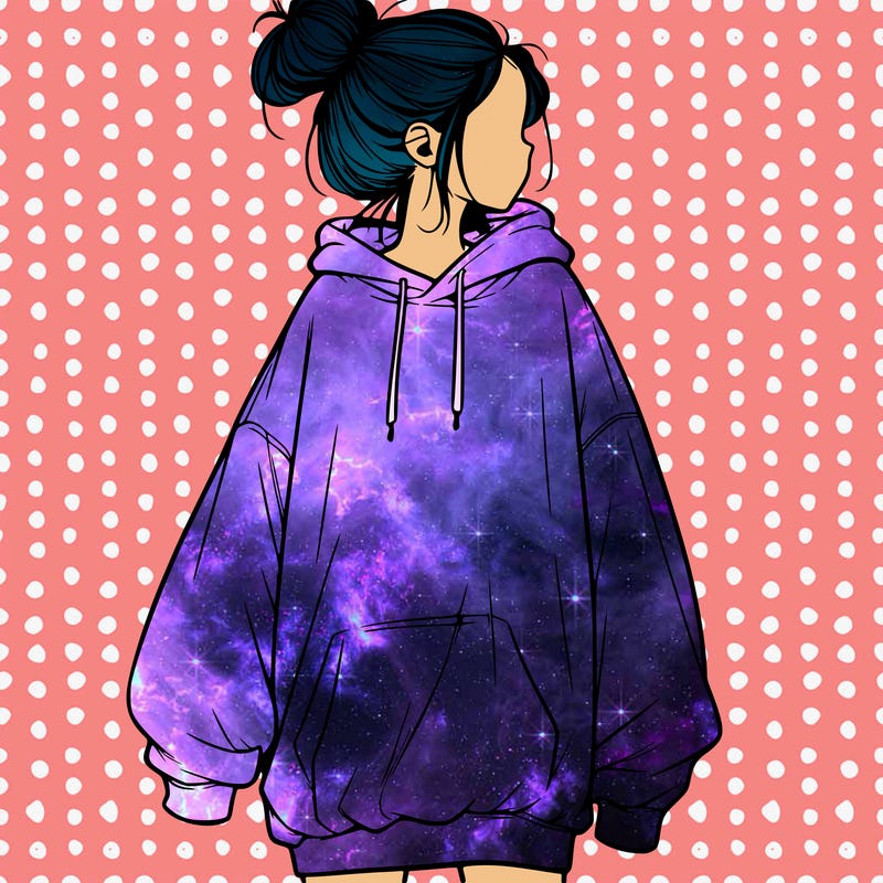 realistic girl with a oversized sweatshirt on and a bun