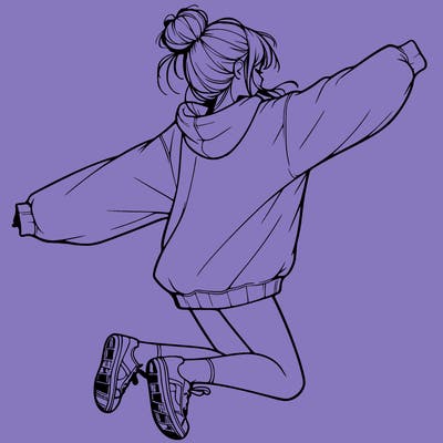realistic girl jumping with a bun and oversized sweatshirt