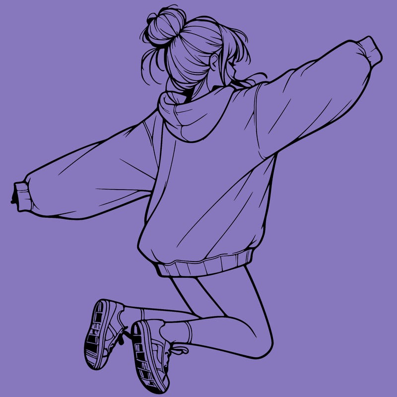 realistic girl jumping with a bun and oversized sweatshirt