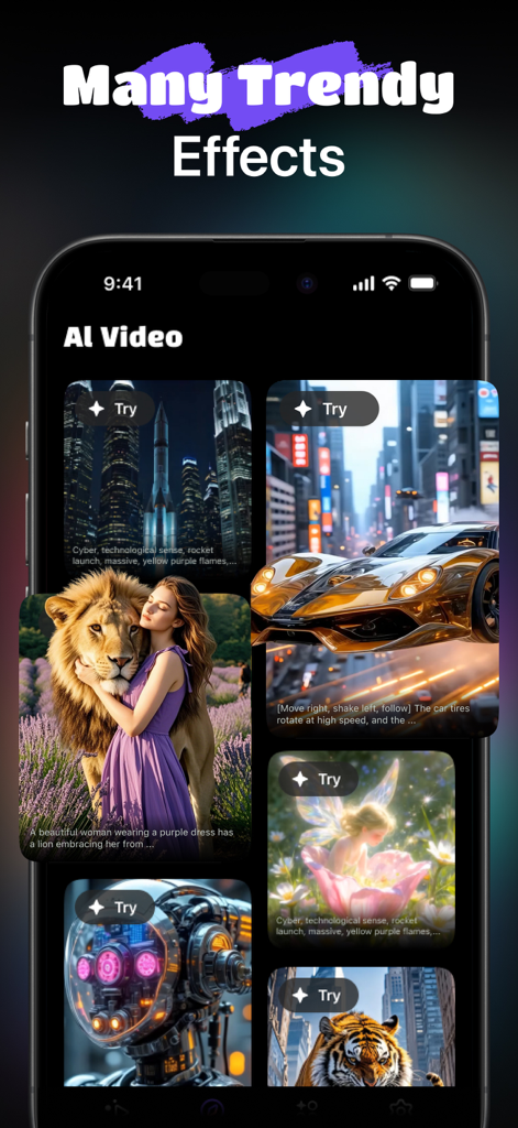 VidnoAi mobile App-Oberfläche, die eine Galerie mit trendigen KI-Videoeffekten und filmreifen Stilen anzeigt
