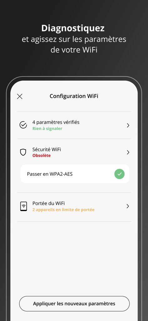 WiFi diagnostic and configuration screen in the Freebox Connect app