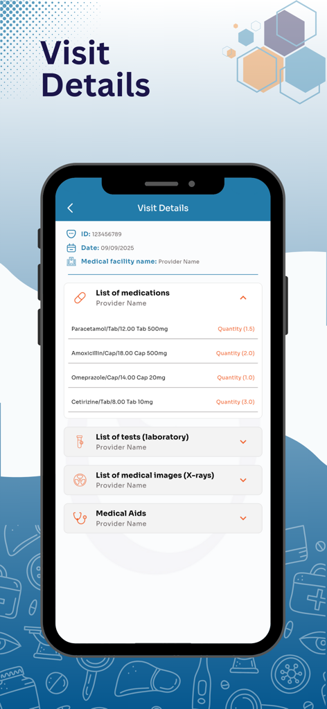 Omni Care app screen displaying medical visit details including a list of prescribed medications and laboratory tests