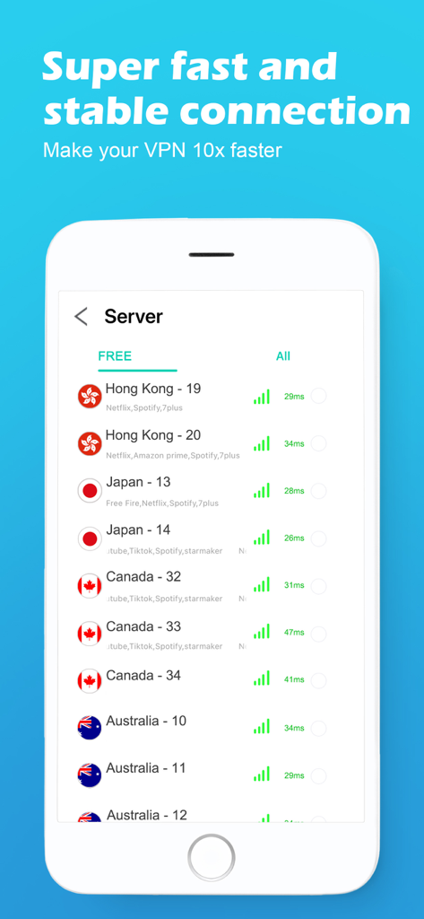 Une liste de serveurs mondiaux rapides dans l'application VPN Proxy Sécurisé montrant une faible latence pour le streaming et les jeux.