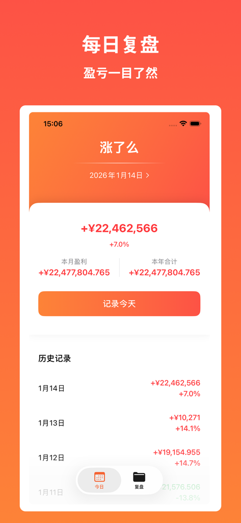 Panel de la aplicación móvil que muestra el resumen de ganancias diarias de trading y registros de rendimiento histórico