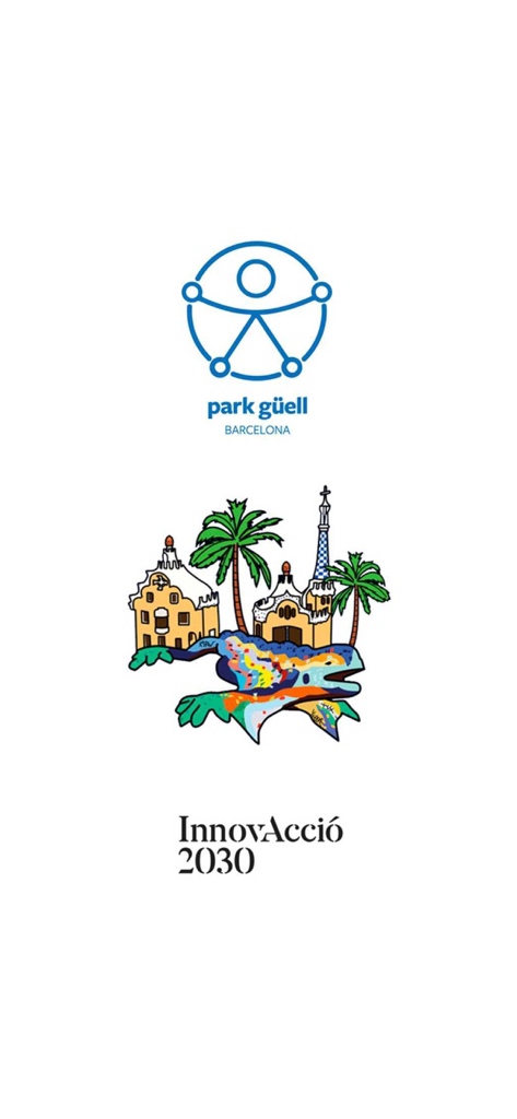Welcome screen of the Park Guell Visita Inclusiva app with accessibility logo and colorful Gaudi landmarks