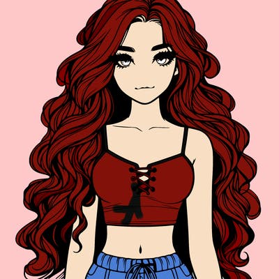 beautiful realistic girl, long wavy hair, crop top, and shorts