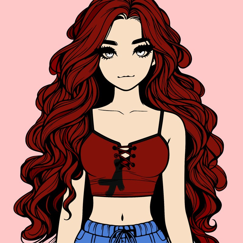 beautiful realistic girl, long wavy hair, crop top, and shorts