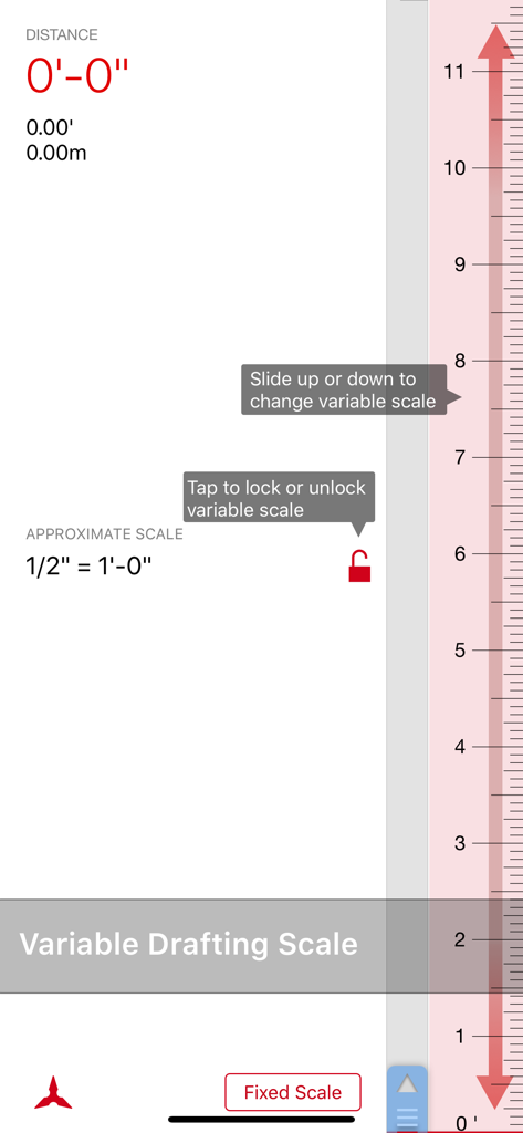 Scala Architectural Scale - Variable drafting scale interface in the Scala Architectural Scale app for measuring blueprints