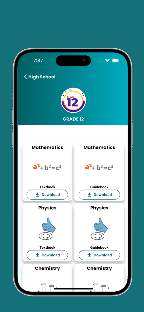 Ethio Digital Library - Interface of the Ethio Digital Library app showing Grade 12 textbooks and guidebooks for Mathematics and Physics